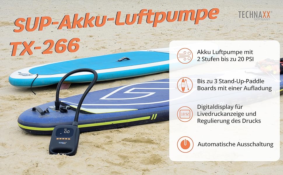 Технакс SUP-насос акумуляторний з Powerbank TX-266 7500 mAh, автоматичний вимкнення, 2 LED, USB-C, 12V, для надувних водних видів спорту