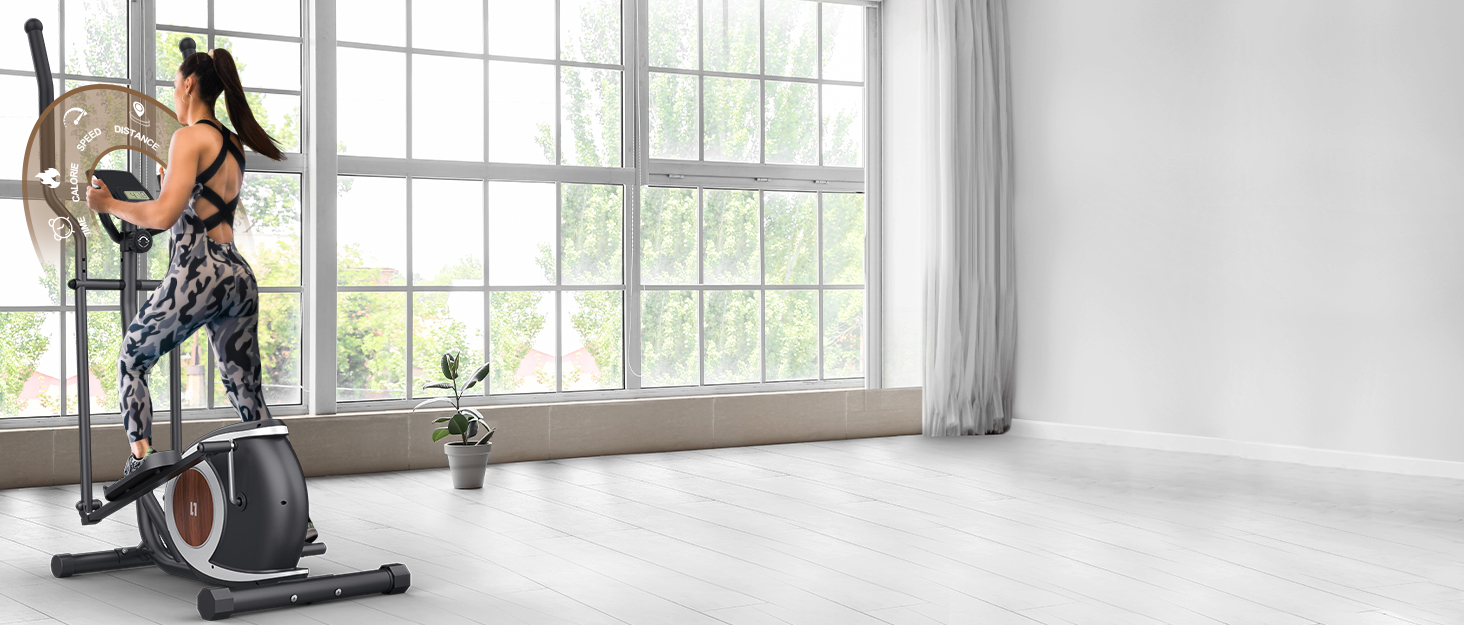 Еліптичний тренажер 2 в 1 з функцією степпера для дому, чорний. З LCD-монітором та регулюванням опору.