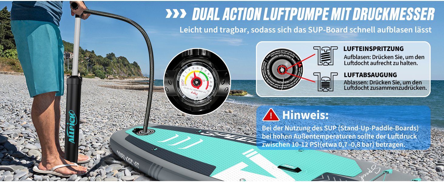 ALLPICK SUP Board Premium набір: Дошка для Stand Up Paddling надувна, з кріпленням для камери, повний комплект аксесуарів, регульоване весло, для початківців та просунутих, вантажопідйомність 200 кг, сіро-зелений