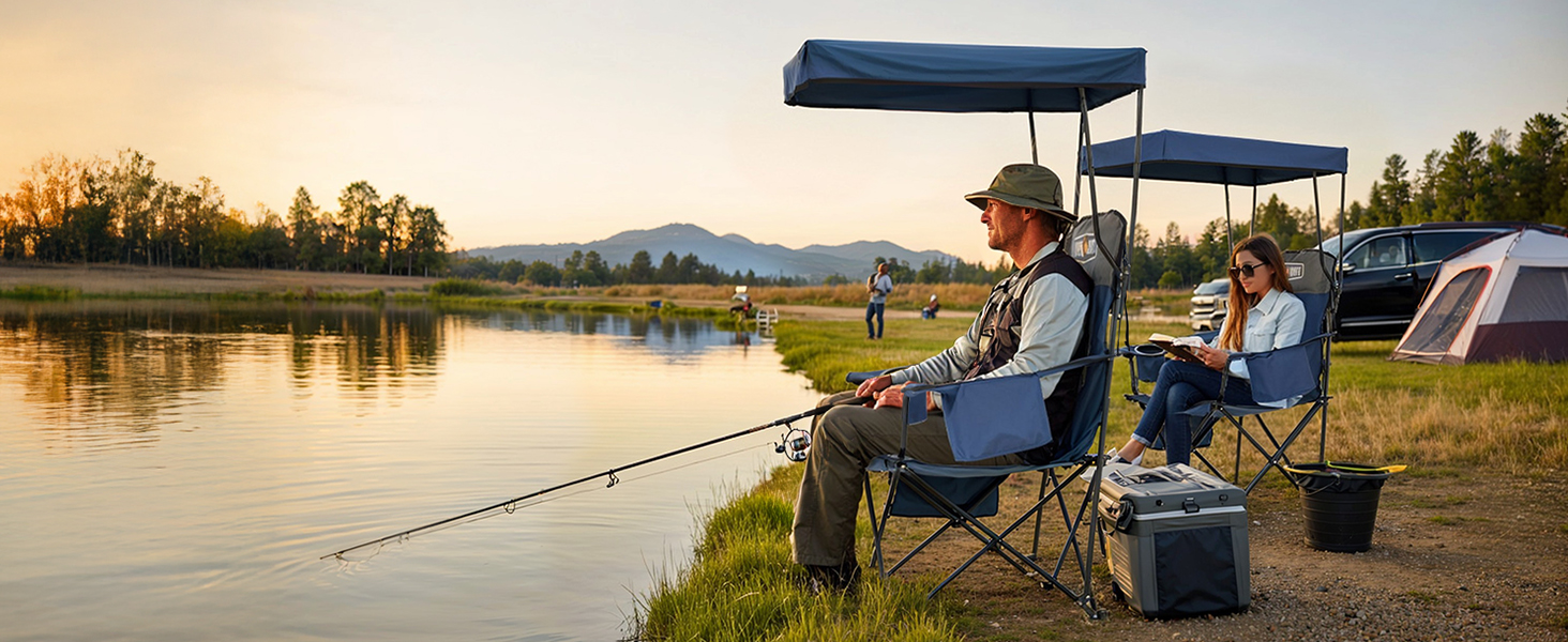 Крісло для кемпінгу OVERMONT складне з сонцезахисним дахом - пляжне крісло, складне з тримачем для напоїв та сумкою-холодильником - шезлонг з дахом для відпочинку на природі, риболовлі, саду (Blaugrau)