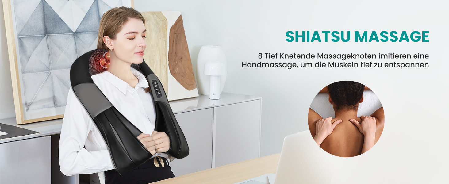 Масажер для шиї та спини Nekteck Shiatsu з підігрівом, електричний 3D масажне подушка для глибокого розминання м'язів плечей, ніг і спини, для зняття болю, для дому, офісу та авто, чорний