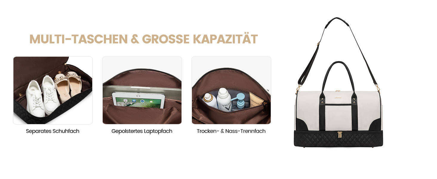 Сумка-мішок LOVEVOOK для жінок: дорожня, спортивна, з відділенням для взуття та мокрих речей, 2 шт. (35л, бежевий/чорний)