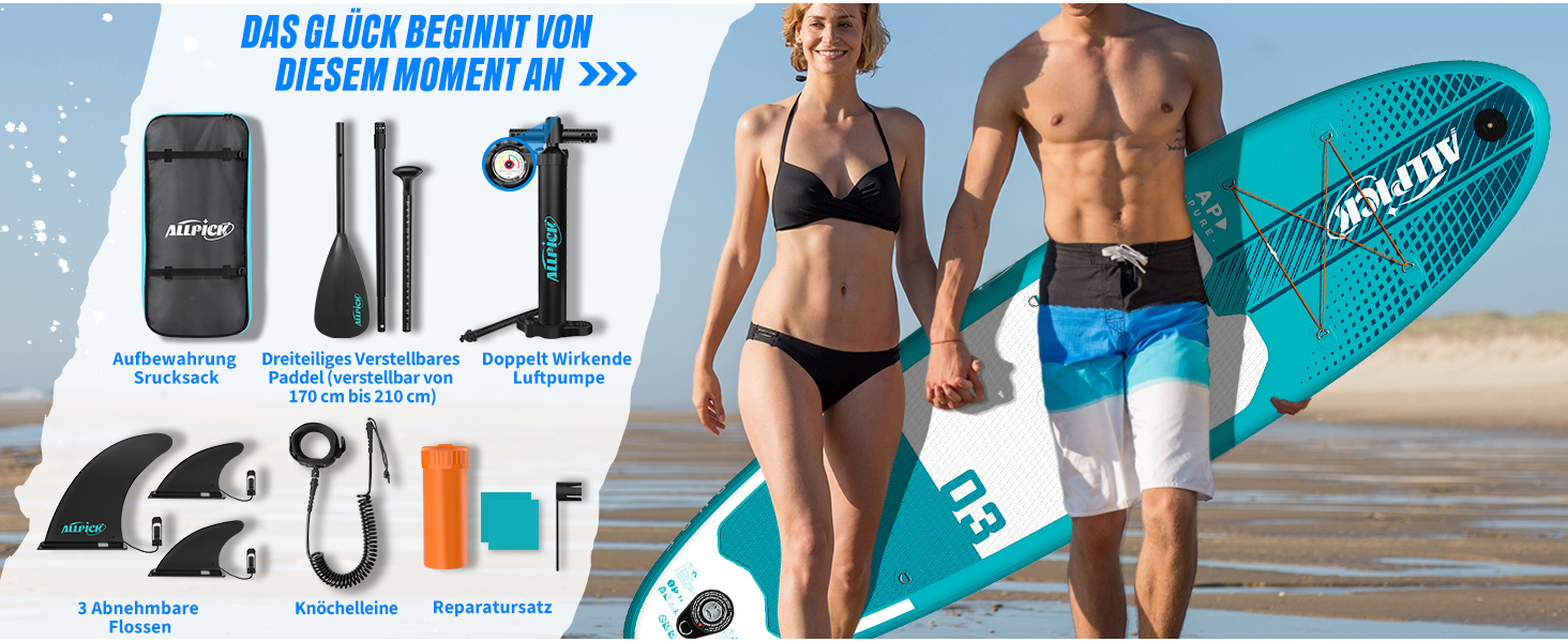 Надувний SUP-борд ALLPICK Premium Set: Комплектація для SUP-серфінгу, камера, аксесуари, регульоване весло, 200 кг, серо-зелений