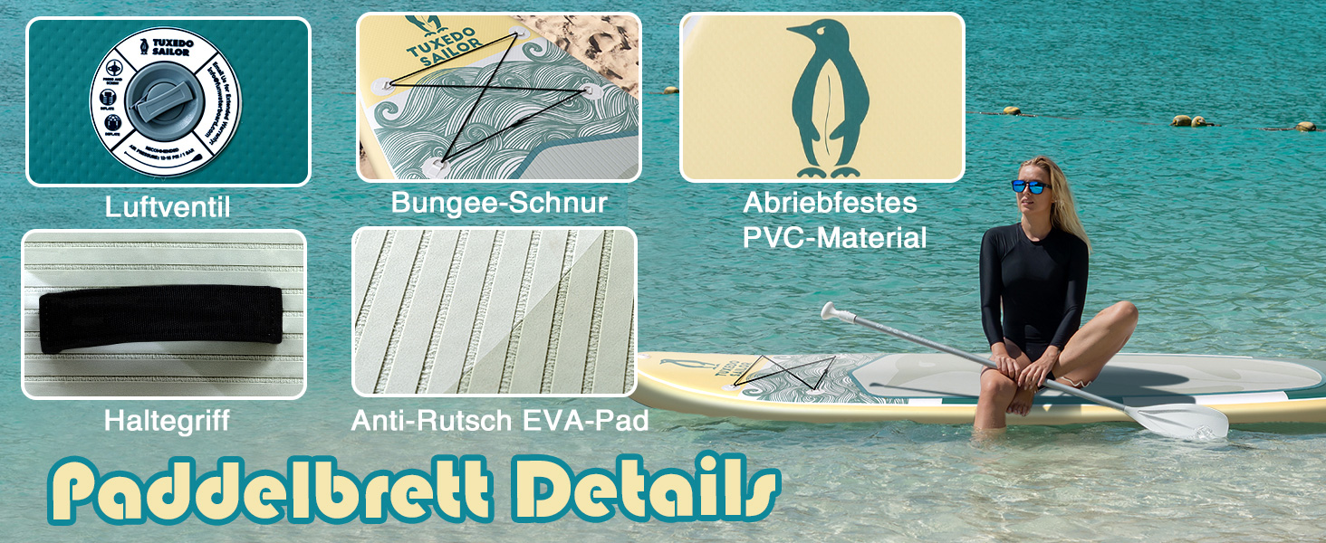 Надувний SUP-борд Tuxedo Sailor Stand Up Paddle Board з аксесуарами, для дорослих та підлітків, блакитний та жовтий