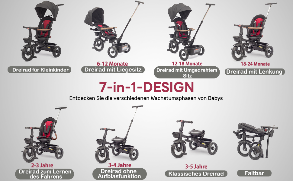 Дитяче трьохколісне велосипед UBRAVOO 7-в-1, для дітей від 6 місяців до 5 років, з фарами, педальним гальмом, розширеним козирком, знімним захистом, прогулочний візок з функцією ходьби та кермування, чорний