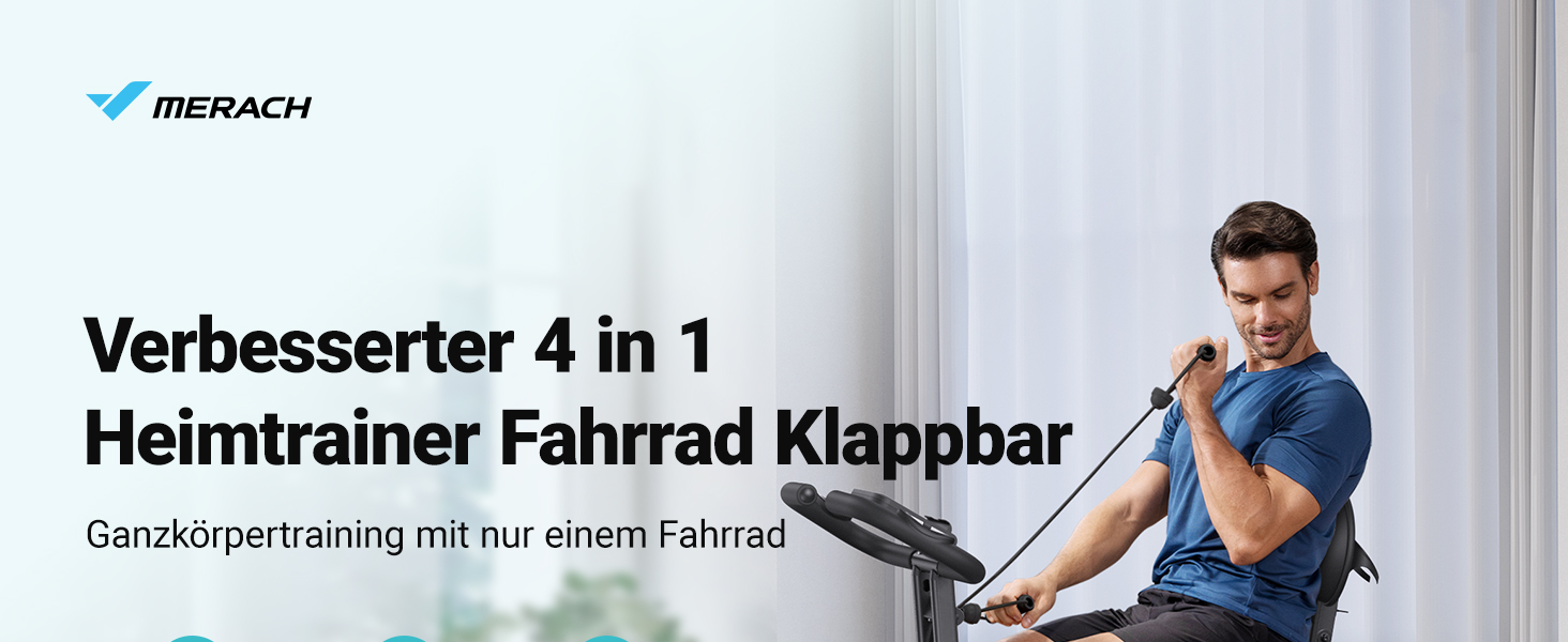 Велотренажер MERACH 4-в-1 з додатком, тихий, магнітний опір 16 рівнів, LCD-дисплей, вимірювання пульсу, складаний, зручне сидіння, еластична стрічка