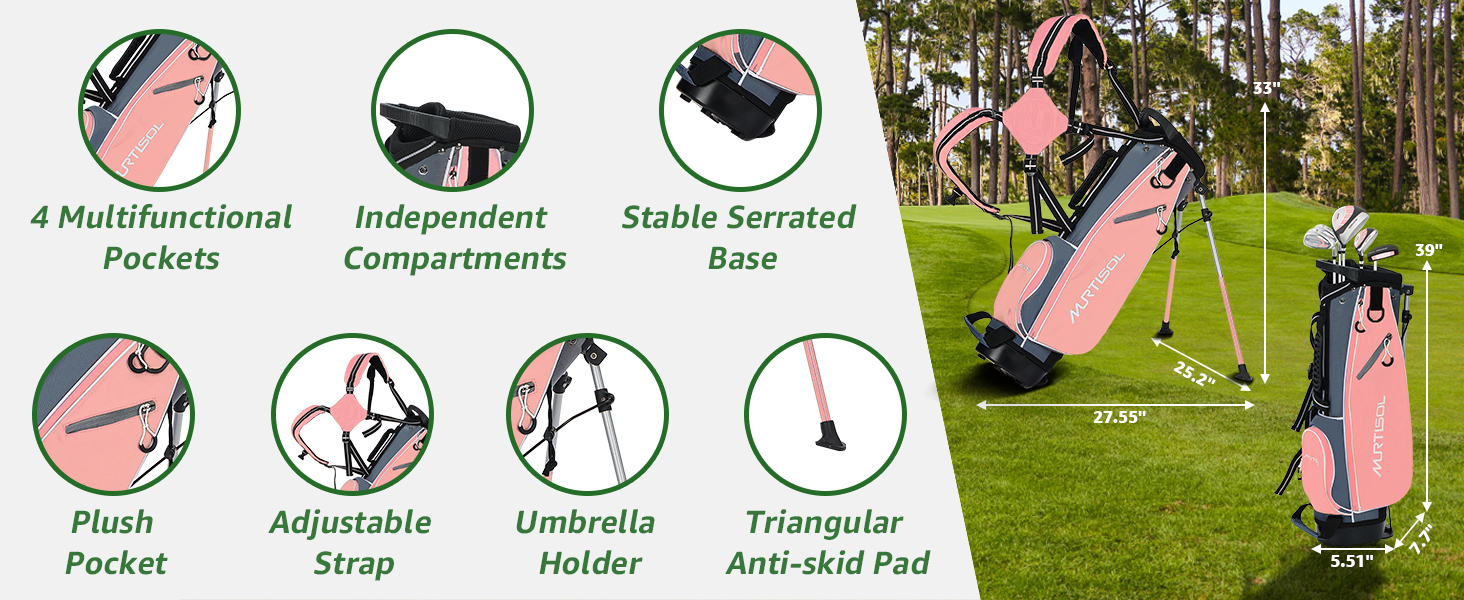 Комплект гольф-клубу на 6 предметів: повний набір з сумкою-стійкою, драйвер #1, гібрид #5, айрони #6/7, #9/P та паттер (для правшів, рожевий)