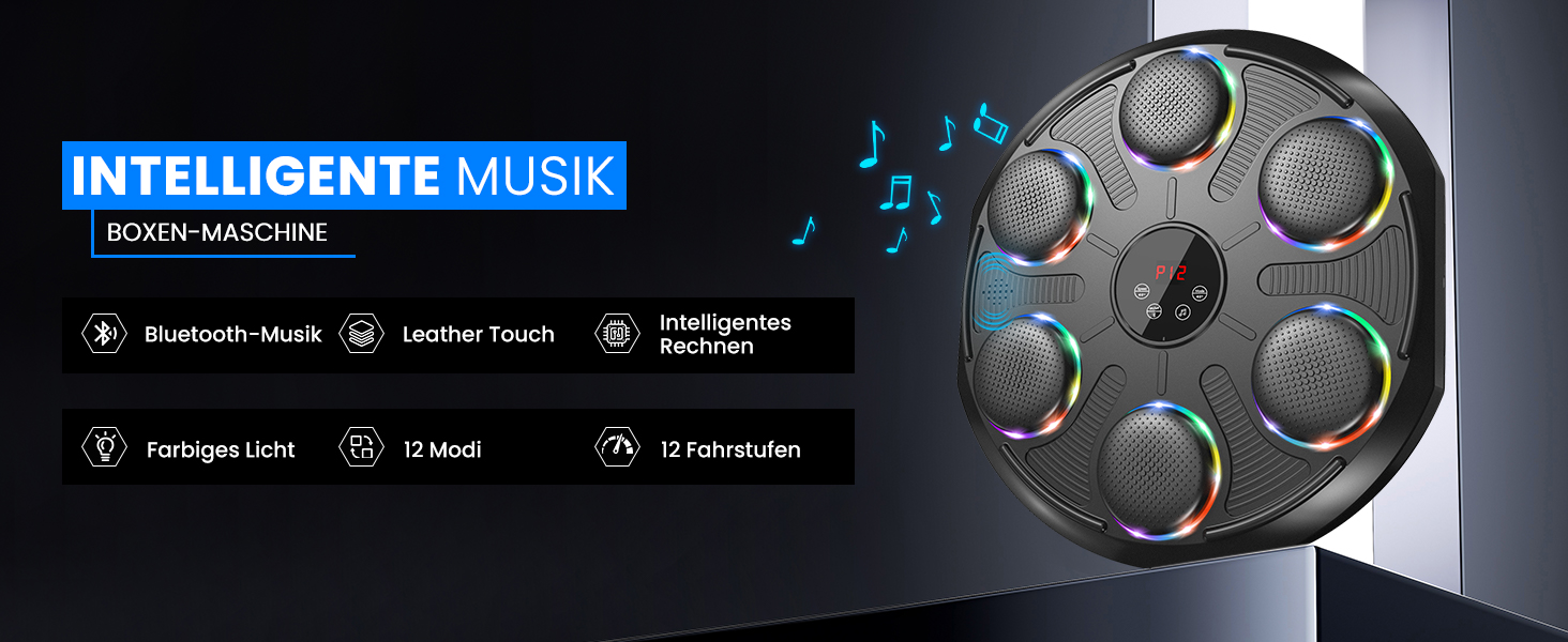 Музична боксерська машина з LED-підсвіткою та Bluetooth, 12 швидкостей та режимів, для дорослих та дітей, чорна