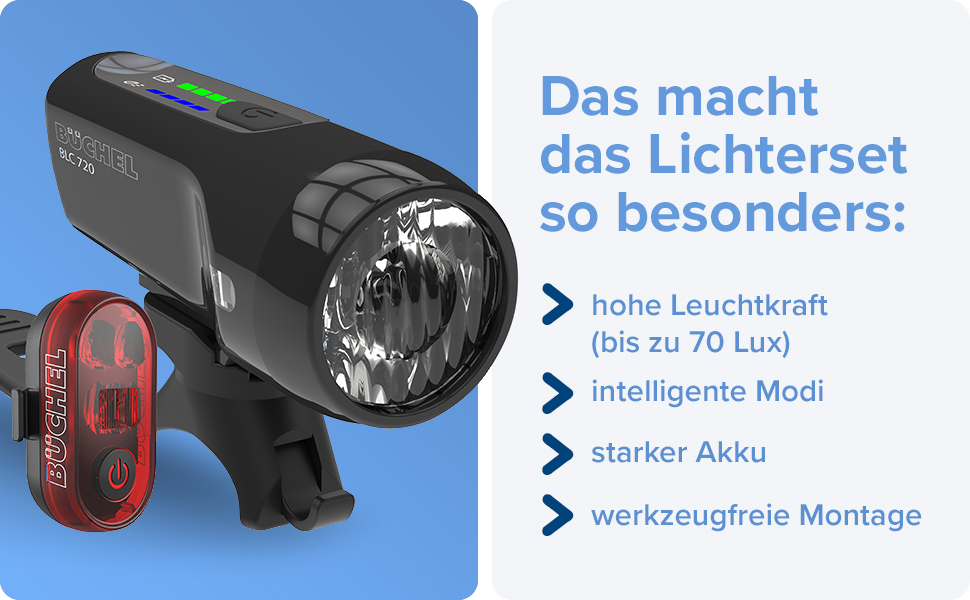 Комплект велосипедних ліхтарів Büchel BLC 720 70/30/15 Люкс, LED, передній і задній, StVZO, до 14 годин роботи, акумуляторні, micro-USB