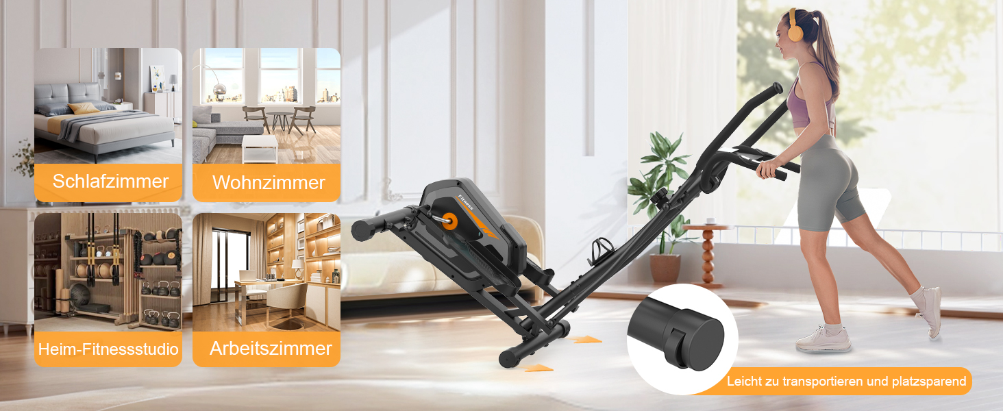 Еліптичний тренажер Neezee з Bluetooth, 16 рівнів опору, 6 кг маховиком, LCD-монітором та датчиком пульсу (Оранжевий + Чорний)