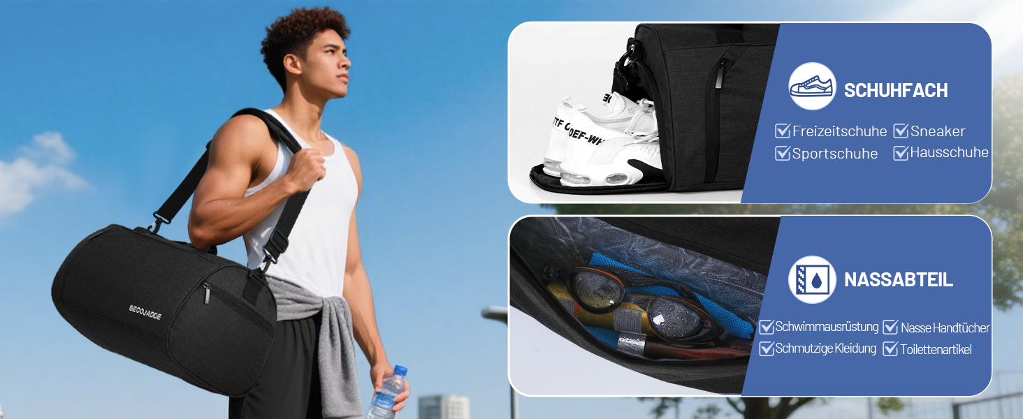 Спортивна сумка-дуфел для чоловіків та жінок з відділенням для взуття та мокрих речей, водонепроникна ручна поклажа (35L, сірий)