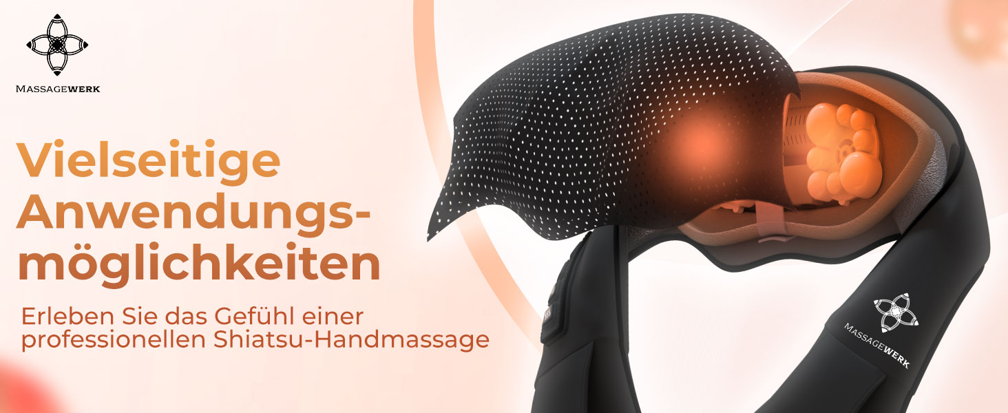 Масажер MASSAGEWERK Shiatsu для шиї та спини, електричний з функцією підігріву, чорний, для зняття м'язових болів та напруги, ергономічний