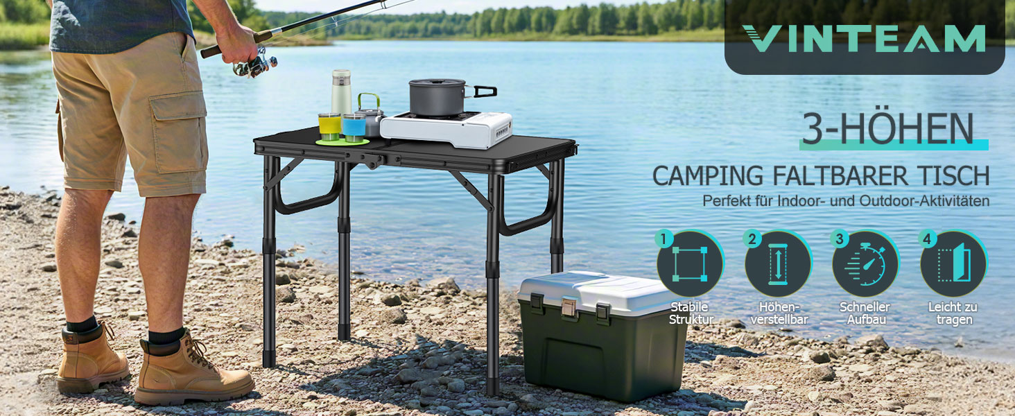 VINTEAM Стіл для пікніка та кемпінгу, регульована висота, складаний, 58x40 см