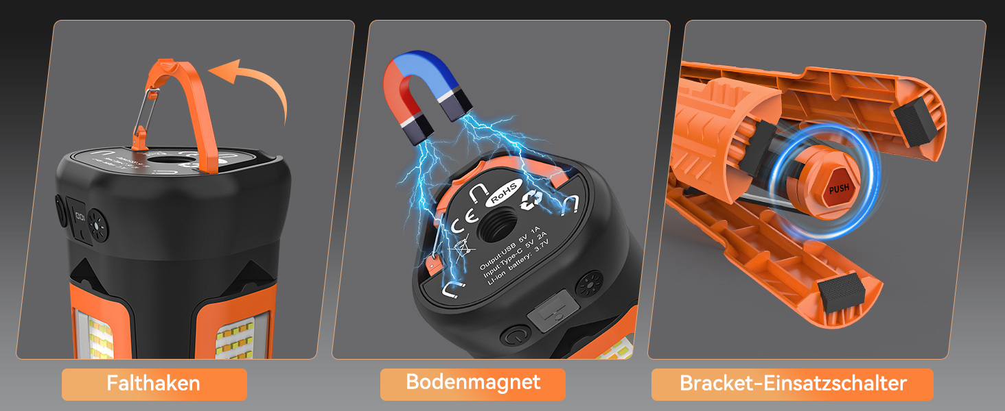 Портативна LED кемпінгова лампа 15000mAh з телескопічним штативом, 5500LM, IP65, вологостійка, для кемпінгу, подорожей, бастіону, намету, з підсвічуванням (Помаранчевий)