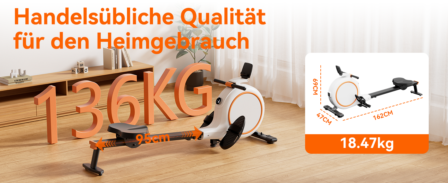 Гребний тренажер для дому з магнітним опором, 32 рівні, 136 кг, сумісність з додатком, LCD-дисплей, білий-помаранчевий
