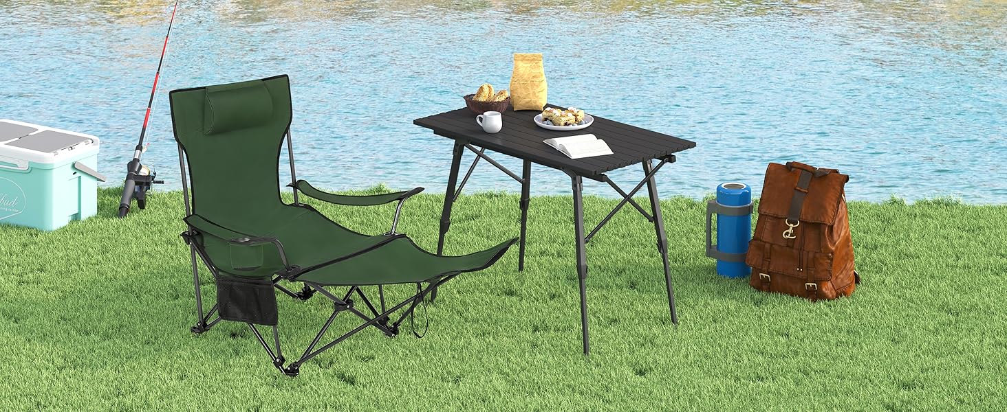 Крісло для кемпінгу Woltu, складне, для риболовлі, легке, з підніжкою та підлокітником, 150 кг, з сумкою, зелене