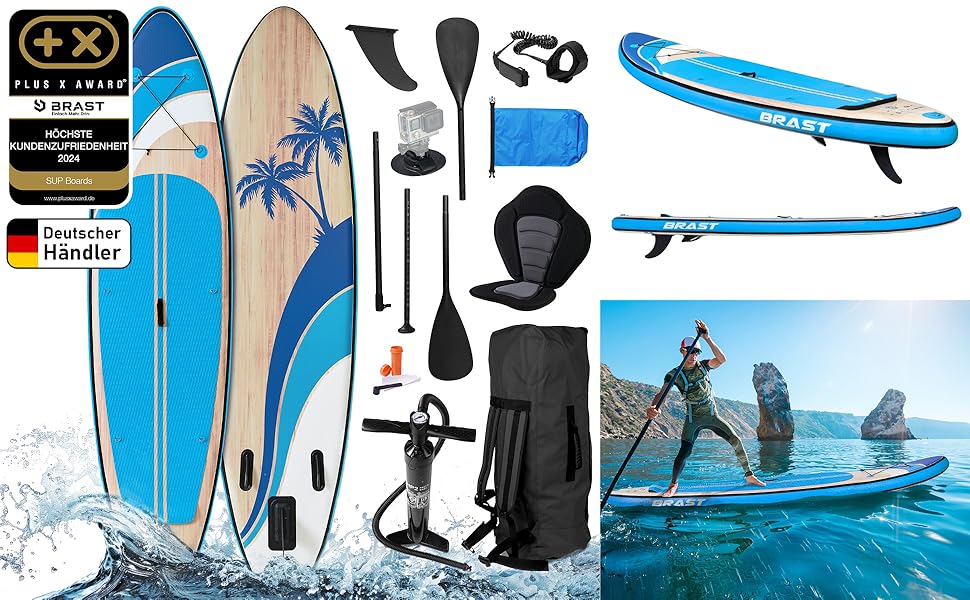 Надувний SUP Борд BRAST Tropic | Комплект для станд-ап паддлбордингу | 320x81x15 см | 6 дизайнів | 5 років гарантії | з аксесуарами | 2-в-1: SUP та каяк | тримач для Action Cam, петля для ніг, насос, рюкзак