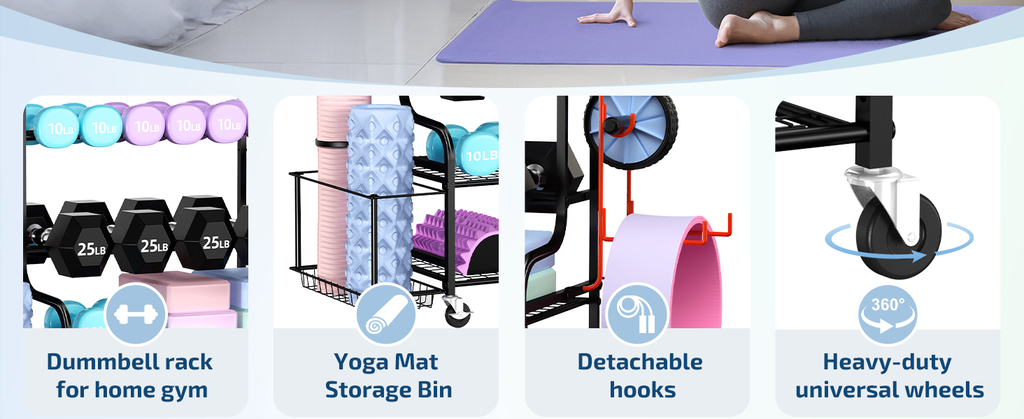 Органайзер для йоги Mythinglogic Regal: килимок, роли, гантелі, блоки. Стенд для фітнес-обладнання. Чорний