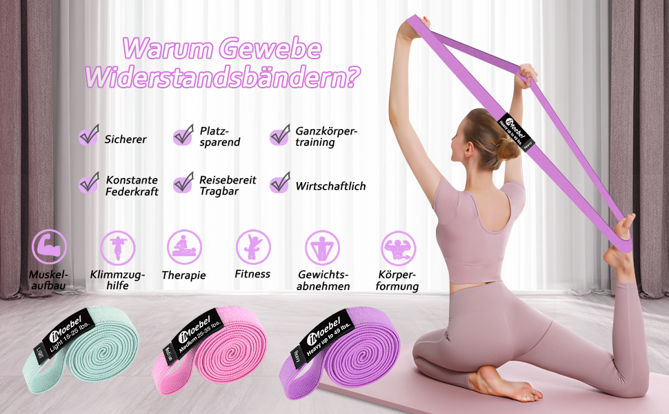 Фітнес-еластичні стрічки iMoebel - Набір 3 шт. для силових тренувань, кроссфіту, йоги, домашніх занять (блакитний/рожевий/фіолетовий)