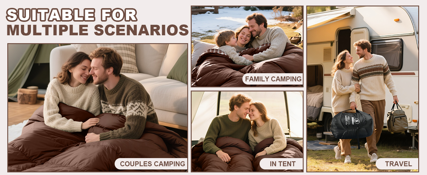 Спальний мішок Baumwolle для 2 осіб, зимовий, водонепроникний, Queen Size, для кемпінгу та подорожей на автодомі (колір: коричневий)