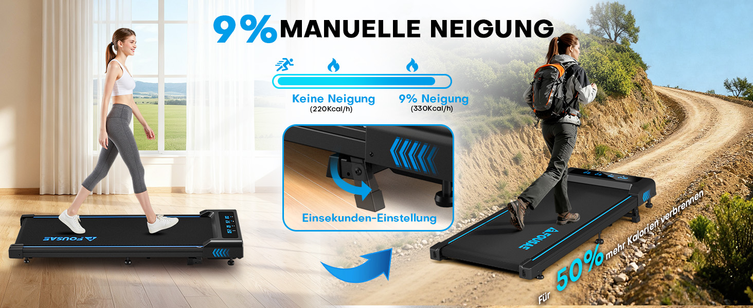 Домашня бігова доріжка Walking Pad з нахилом 9%, потужність 2.5HP, швидкість 1-10 км/год, LED-дисплей, 12 програм, до 150 кг, синя