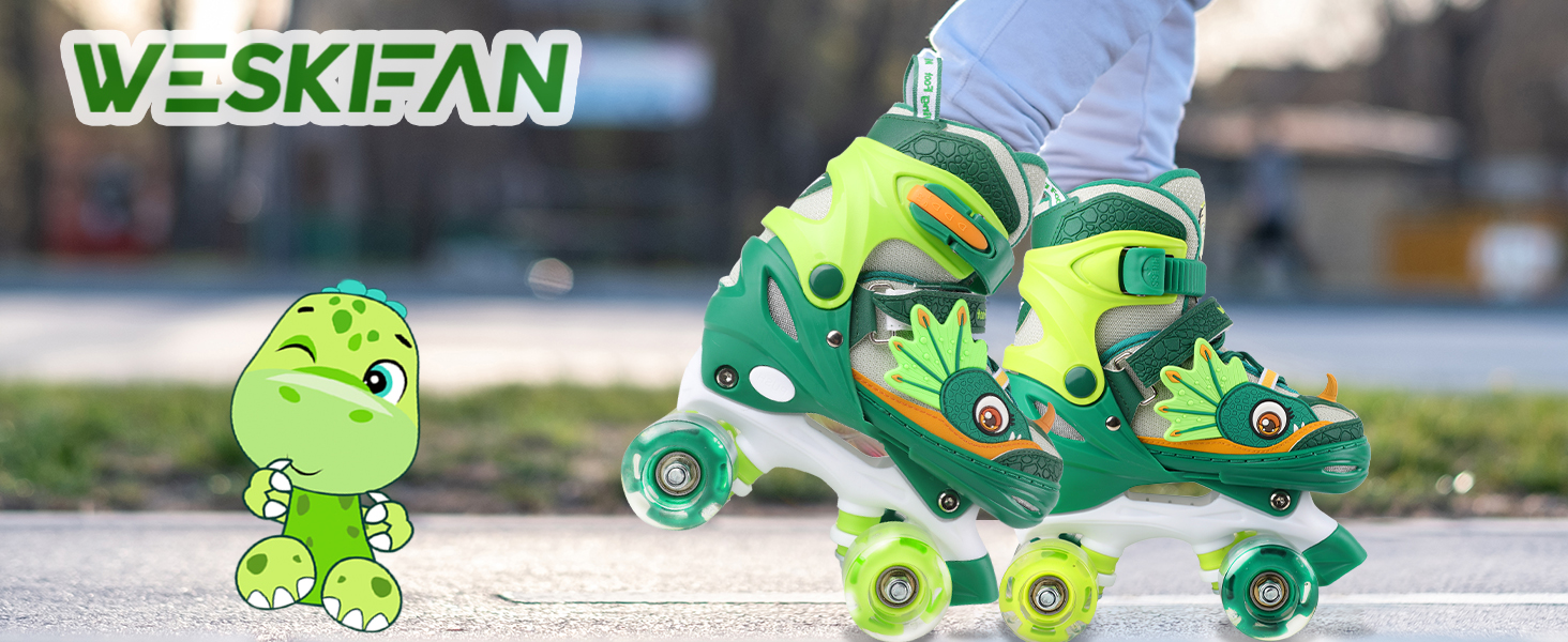 Ролики дитячі Kinder Dinosaurier з підсвічуванням, розмір регулюється, зелені