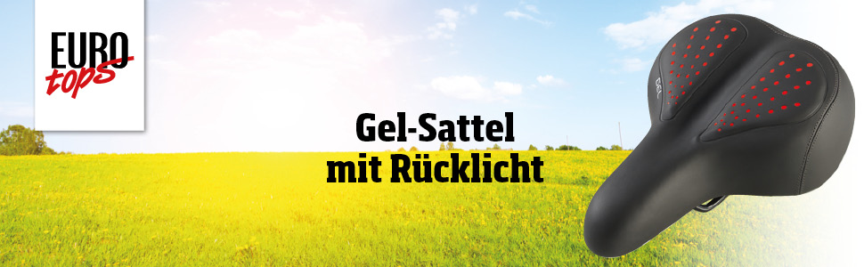 Велосипедне сідло EUROtops Gel з ліхтариком – комфортне сідло з гелевими подушками та двома пружинами, червоне світло безпеки, чорний колір, для чоловічих та жіночих велосипедів