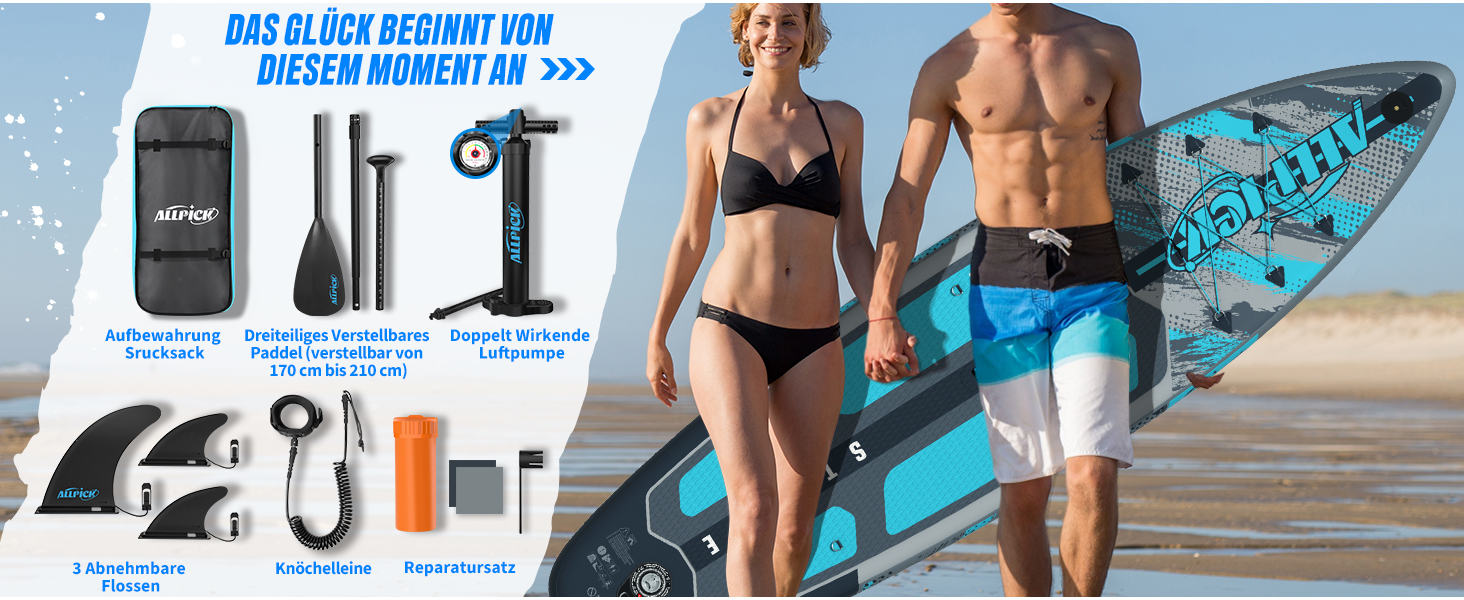 Надувний SUP Борд ALLPICK Premium Set: Комплектація для початківців та просунутих, з камерою, регульованим веслом, 200 кг, колір: ошм'ятково-блакитний