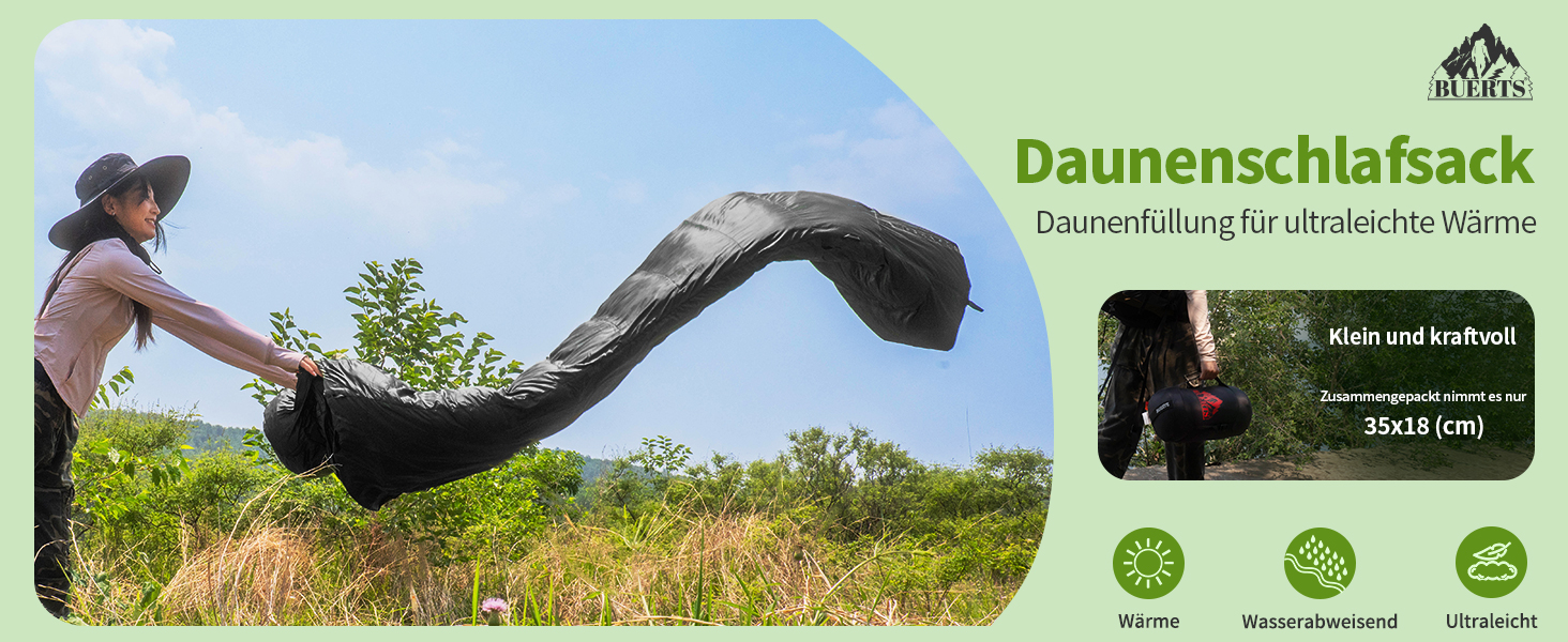 Спальний мішок BUERTS Daunen Summer, 620FP, компактний, для дорослих та підлітків, кемпінг, походи, активний відпочинок. З компресійним мішком, 16°C (5°C).