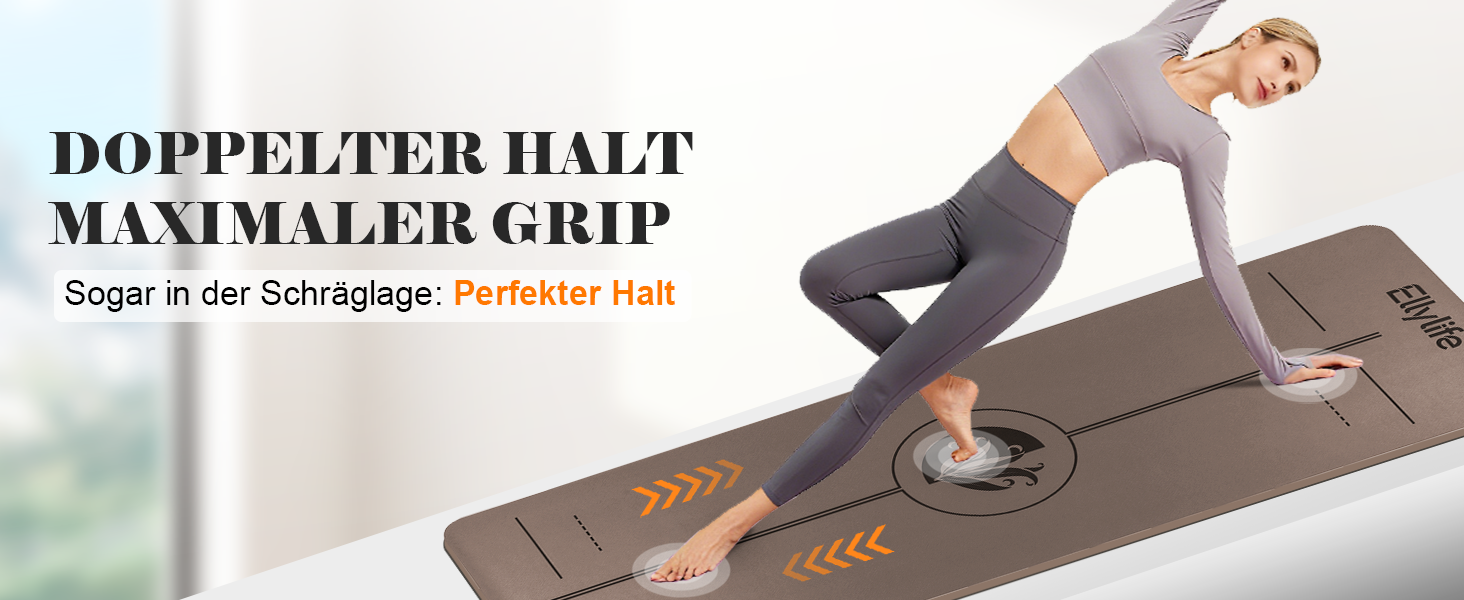 Килимок для йоги та пілатеса з еко-каучуку та TPE, протиковзкий, з лініями розмітки та ременем для перенесення, коричневий, 4мм