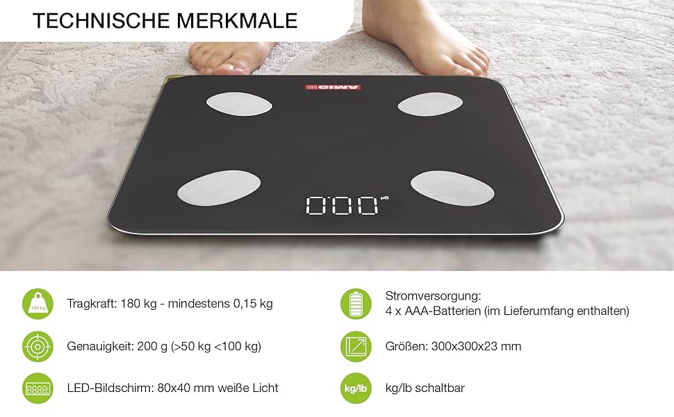 Цифрова вага Gima Gimafit 27086 з Bluetooth та LED-дисплеєм для вимірювання жиру, води, м'язової і кісткової маси, скляна платформа