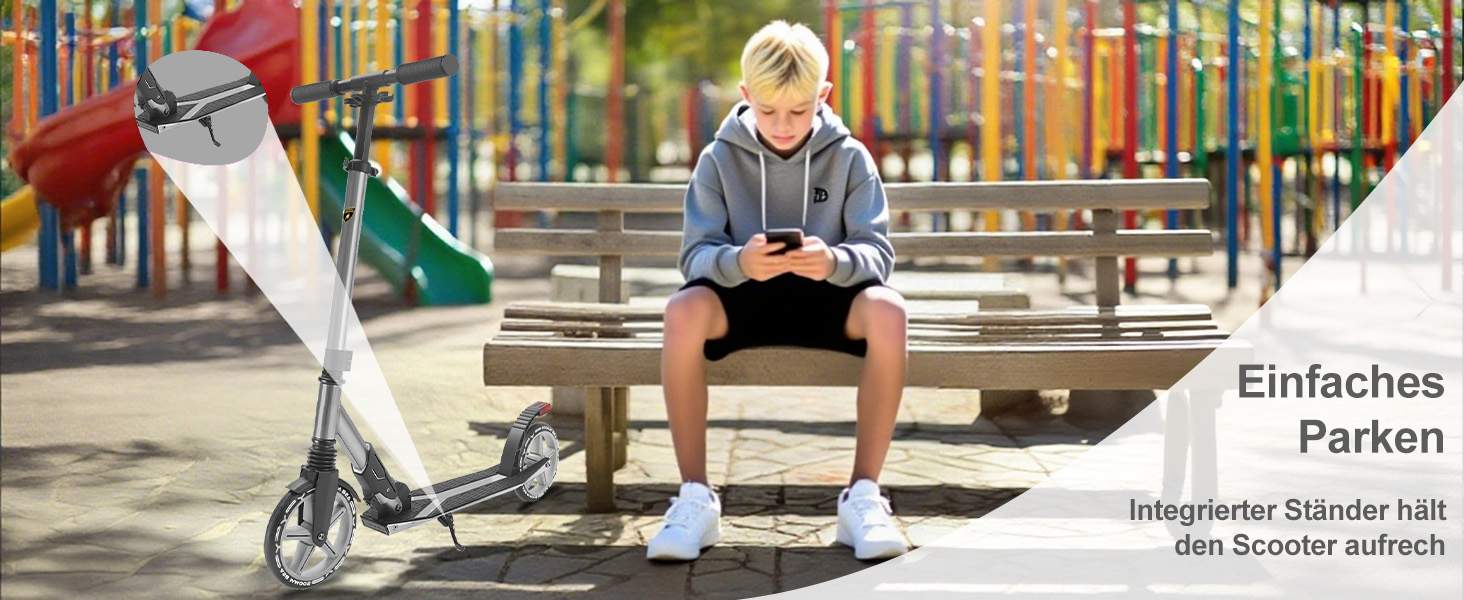 Скутер Lamborghini Tretroller Cityroller з великим колесом, складний, регульована висота, для дорослих та дітей, з підставкою, передньою амортизацією та гальмом на задньому колесі, до 100 кг (Сірий)