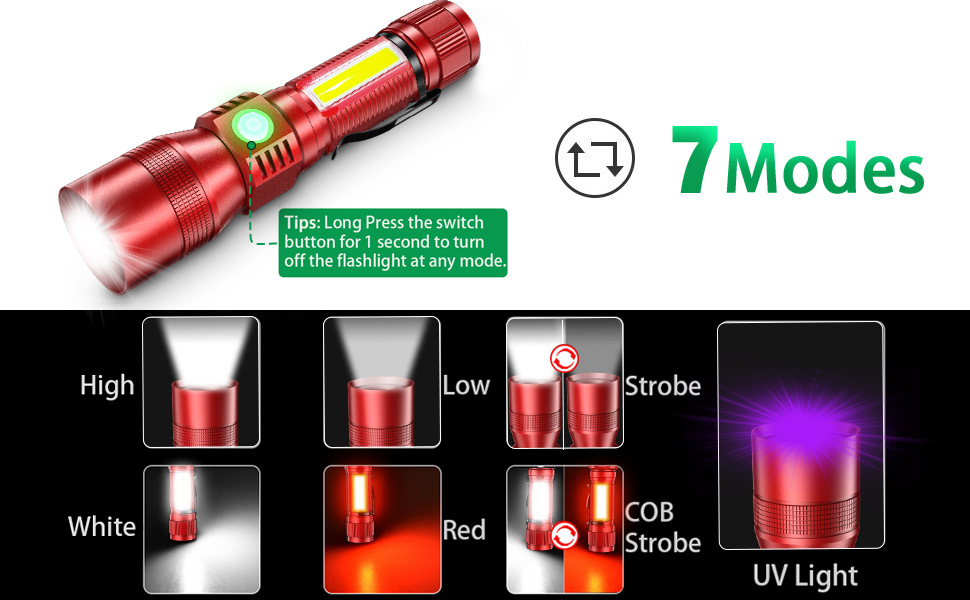 Ліхтарик LED Karrong з USB-зарядкою та магнітом, ультрафіолетовий UV-ліхтарик 395нм, 7 режимів світла (включаючи червоне), акумуляторний набір для кемпінгу та походів, червоний, 2 шт.