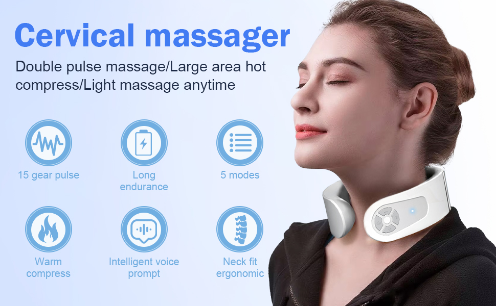 Масажер для шиї, електричний, з підігрівом 42°C, 5 режимів, 15 рівнів інтенсивності, портативний, для дому, офісу, подорожей, сірий