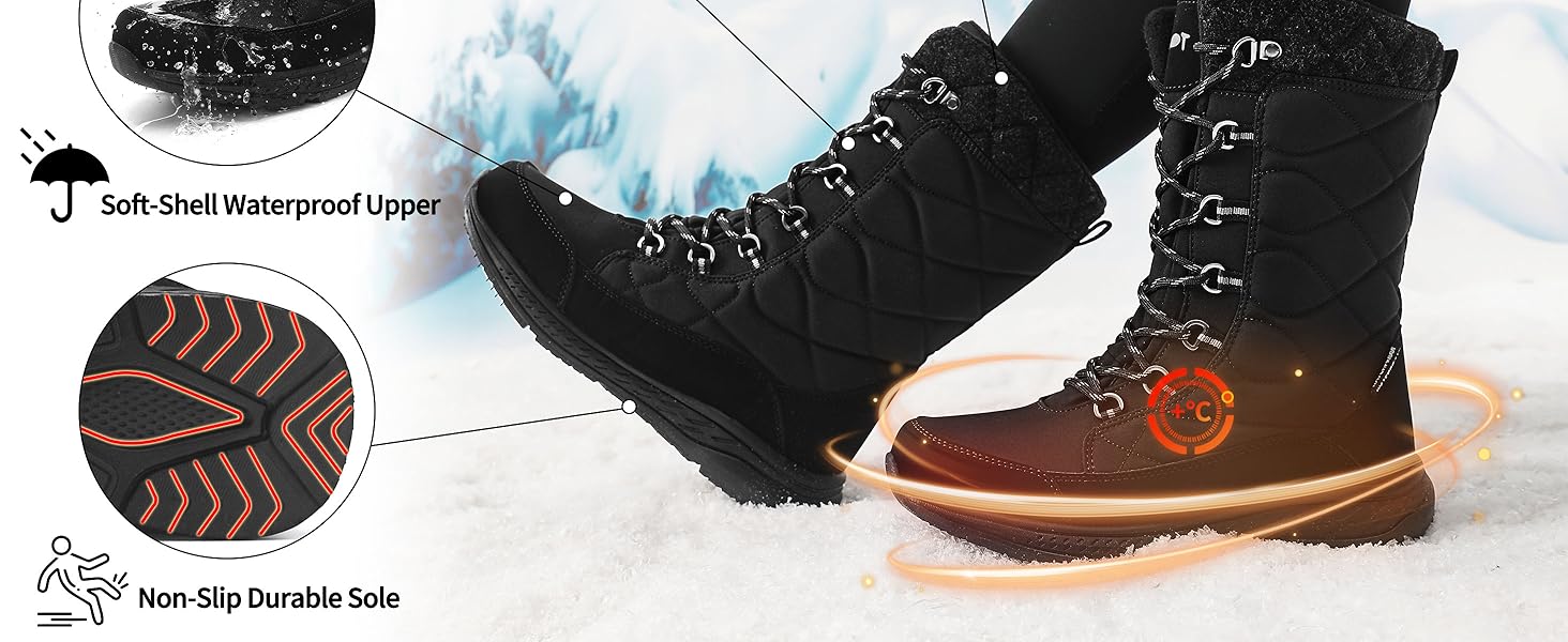 Зимові черевики жіночі водонепроникні, теплі, зручні, антиковзні, для піших прогулянок, трекінгу, відпочинку. Розміри 37-42 EU (Чорний, 37 EU)