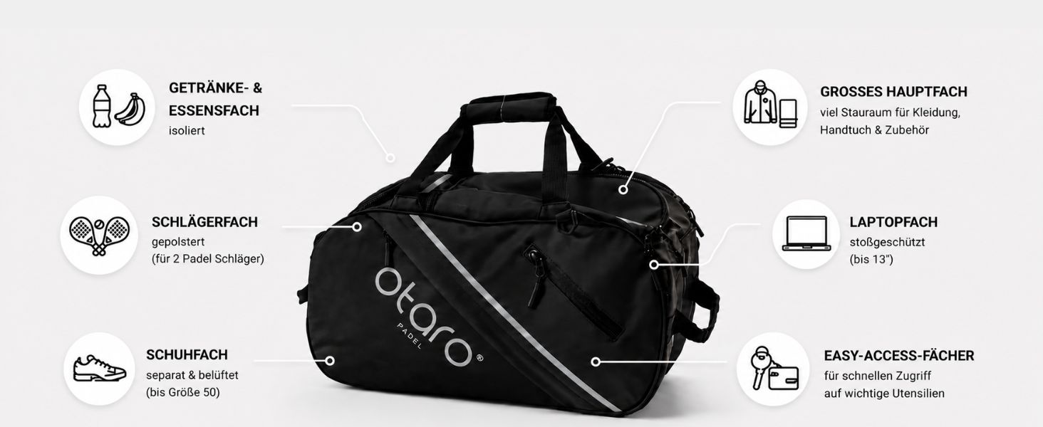 Сумка для падел Otaro 60L з відділенням для взуття, термосумкою та відділенням для ноутбука | Рюкзак для падел на 2 ракетки, одягу та аксесуарів | Універсальна система перенесення 4-в-1 | Чорна