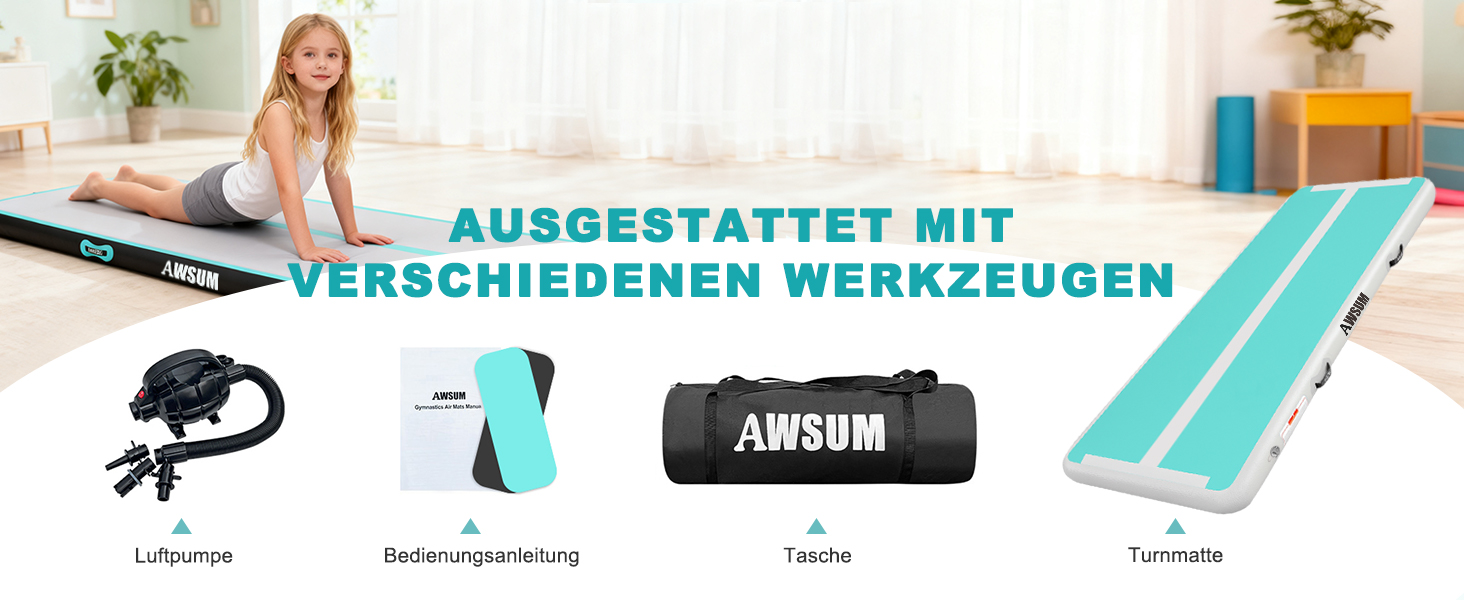 AWSUM Килимок для гімнастики надувний, 2/3/4/5/6м, для йоги, фітнесу, розтяжки, 10/20см товщина, 500x100x20см, м'ятно-зелений + чорний