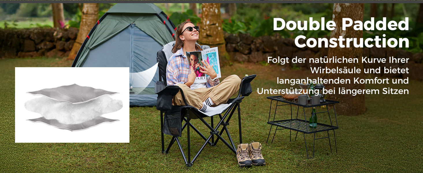 Складний туристичний стілець KingCamp для відпочинку, риболовлі та саду. Міцний, з регульованою підтримкою попереку, кишенькою-холодильником та підлокітниками. Максимальне навантаження: 205 кг. Чорний класичний колір.