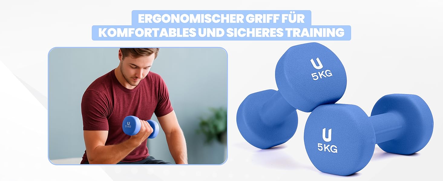 Гантелі неопренові Unycos 2 шт. 1-10 кг, короткі, антиковзаючі, для фітнесу, силових тренувань, пілатесу, дому (#07 Синій, 2 x 5 кг, круглі)