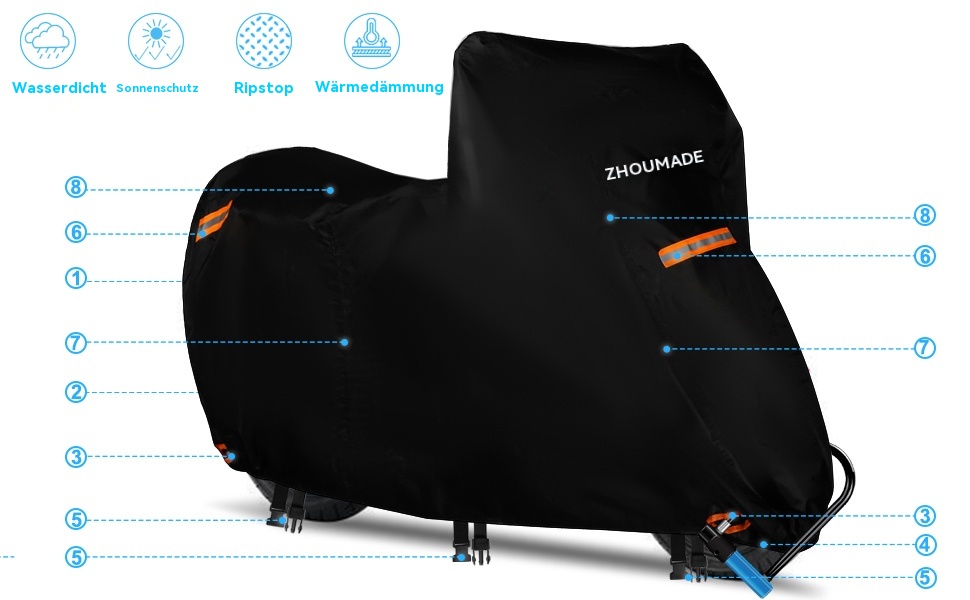 Водонепроникний чохол для мотоцикла Mini Motorrad Abdeckplane Outdoor, 420D Oxford, з відбиваючими смугами, сумісний з Honda Grom, MSX125, Navi, Monkey 125, ролер 50cc (175x66x110cm)