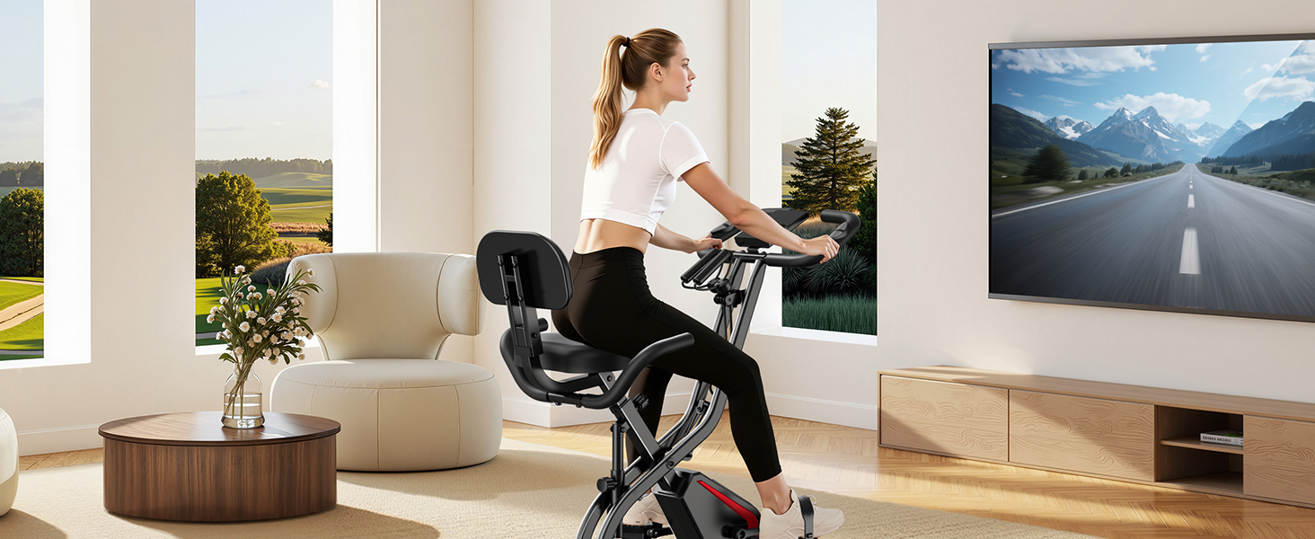 Ергометр UMAY Hometrainer 5-в-1: Велотренажер складаний для дому, магнітний опір, пульсометр, LED-дисплей, до 136 кг, чорний