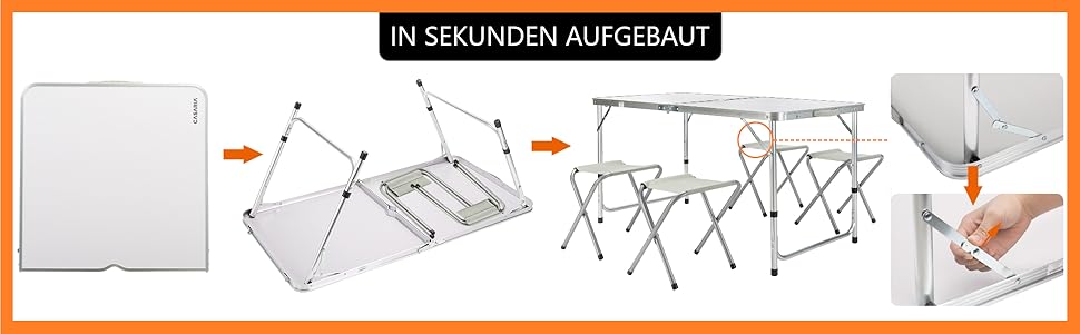 Складний стіл Campingtisch CASARIA® 120x60 см, білий, з регулюванням висоти, для 4 осіб, водостійкий, для кемпінгу та саду