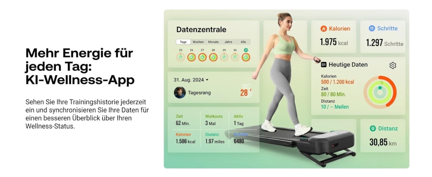 Бігова доріжка Smart Laufband з автоматичним нахилом 9%, 2.5 к.с., складана для дому та офісу, велика платформа, тиха, з KI-додатком та режимами HIIT, чорна