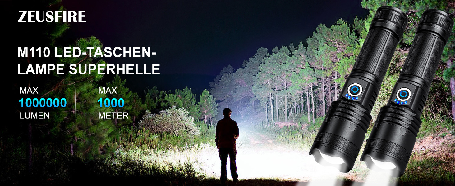 Тактичні ліхтарі Zeusfire 2 шт. 1000000 люмен, водонепроникні IPX6, 5 режимів, для кемпінгу, туризму, тактики, чорний
