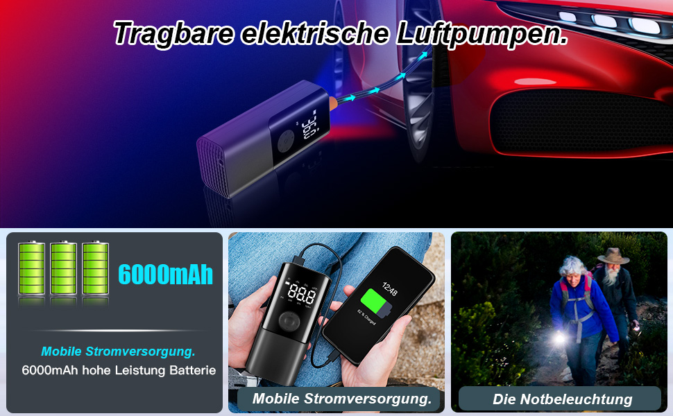 Електричний насос Viafexna 6000mAh, 150 PSI, з манометром для авто, велосипедів, м'ячів, матраців, лампа та Powerbank