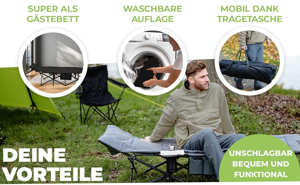 NORDICTRAILS Кемпінгове ліжко NORDICTRAILS - XXL розкладне ліжко для кемпінгу | Зручне, легке та широке для відпочинку на природі | Гостьове ліжко, ліжко для риболовлі, розкладне ліжко з суперм'яким матрацом. Сіре.