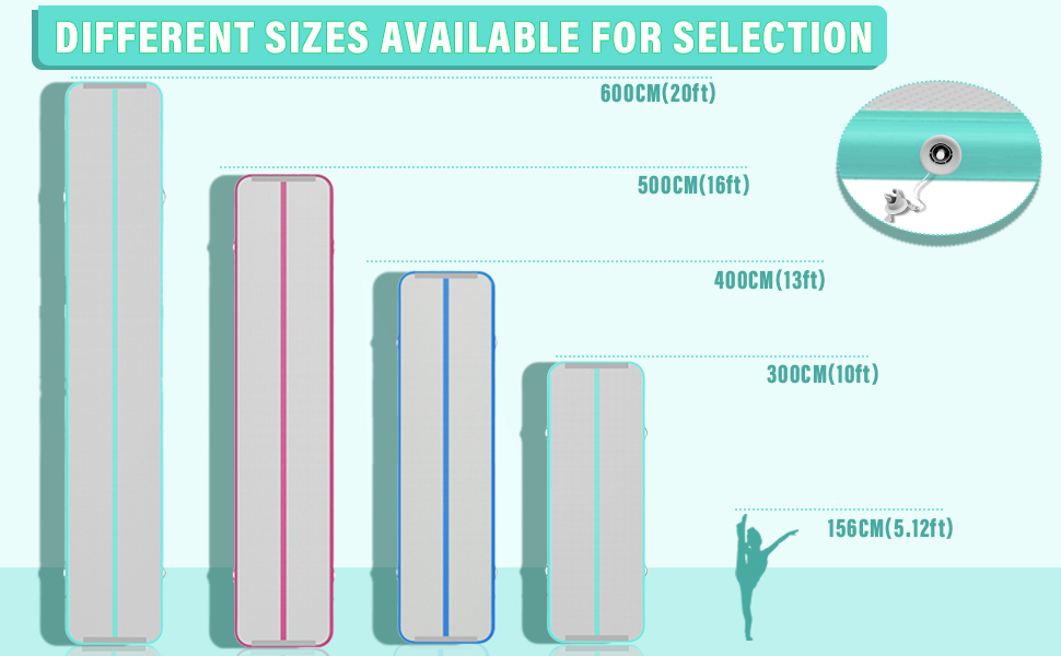 Гімнастичний надувний мат Air Turn Track Matte 2-6м з насосом та сумкою, 400x100x10см, для йоги, фітнесу, черенлідингу, зелений