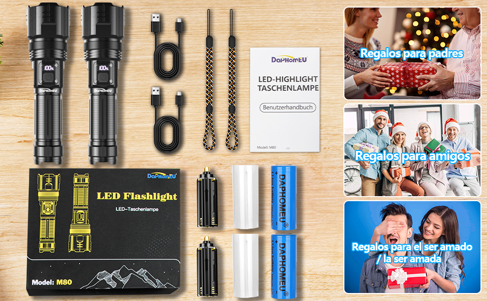 Тактичний ліхтарик DapoHomeu LED, 500000 люмен, перезаряджається, тактичний, з функцією зуму, водонепроникний, 5 режимів освітлення для кемпінгу, туризму та надзвичайних ситуацій