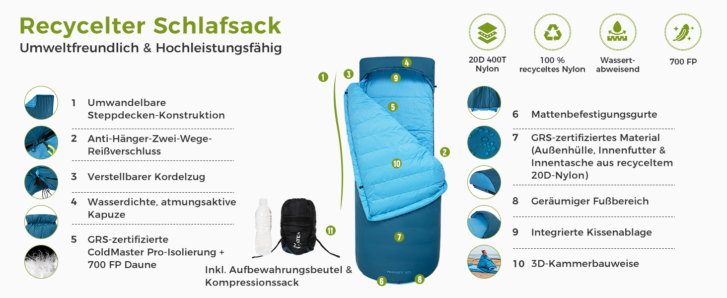 Спальний мішок ATEPA Ultraleicht Daunenschlafsack: Легкий, 3-сезонний (12°C/6°C/-1°C), Водовідштовхуючий, для кемпінгу, трекінгу та подорожей, з компресійним мішком