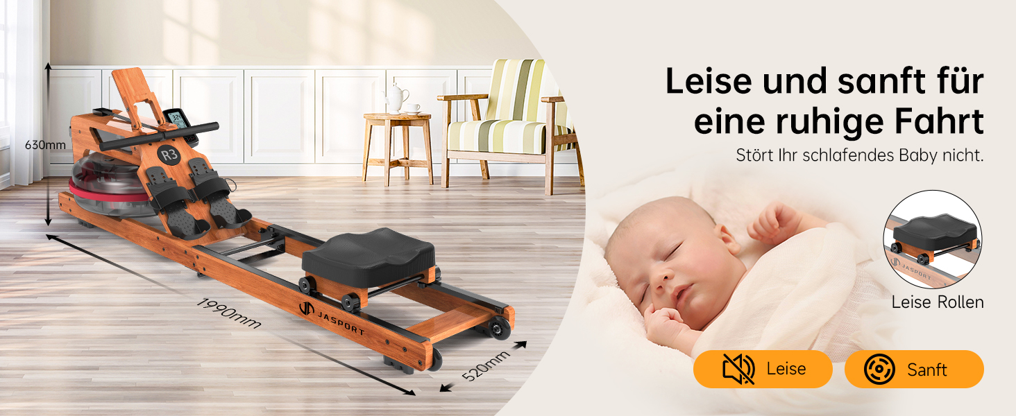 Складальний гребний тренажер R3 з дубового дерева, з Bluetooth LCD-дисплеєм, підтримкою Kinomap, баком для води 28л, ергономічним сидінням та тримачем для планшета, до 150 кг